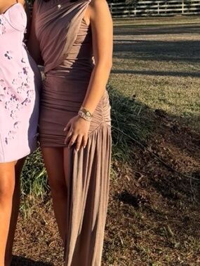 MARBLE Taupe Draped Mini Dress with Floor Drape
